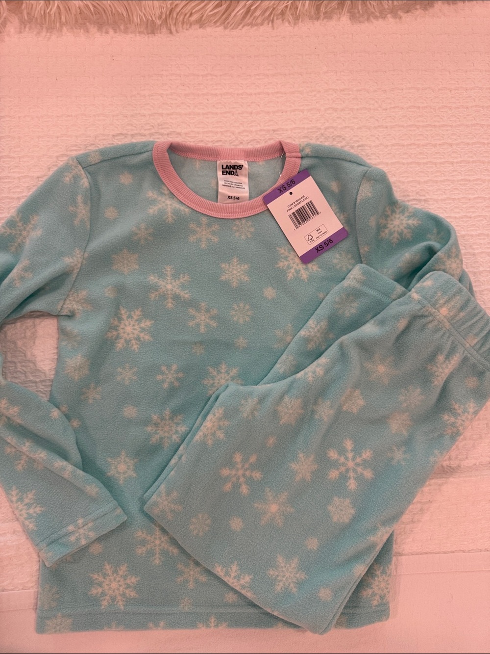 Lands' End Light Blue Snowflake Fleece Pajama Set with Pink Trim NWT